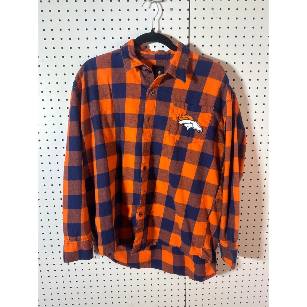NFL Denver Broncos Flannel Shirt Orange Navy Buffalo Check Plaid Mens Medium